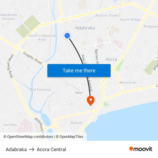 Adabraka to Accra Central map