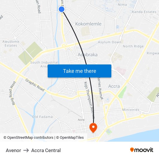 Avenor to Accra Central map