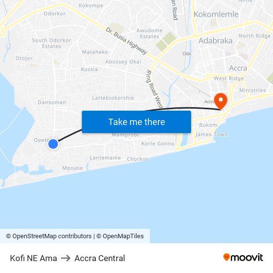 Kofi NE Ama to Accra Central map