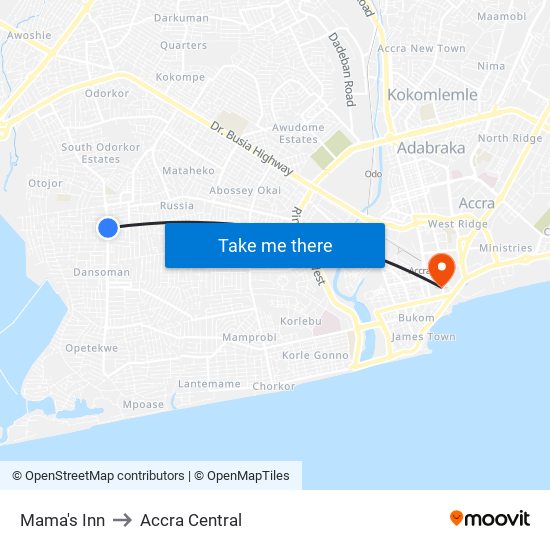 Mama's Inn to Accra Central map