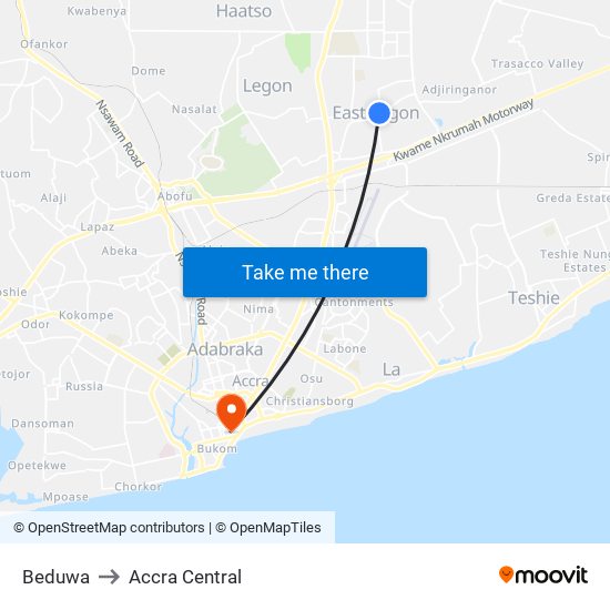 Beduwa to Accra Central map