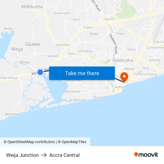 Weija Junction to Accra Central map