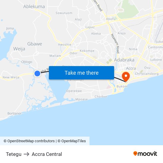 Tetegu to Accra Central map