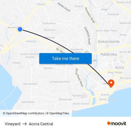 Vineyard to Accra Central map