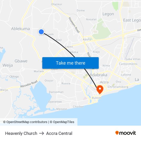 Heavenly Church to Accra Central map