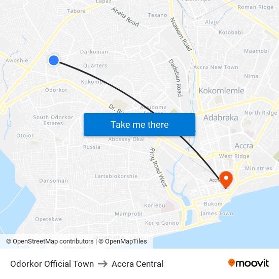 Odorkor Official Town to Accra Central map