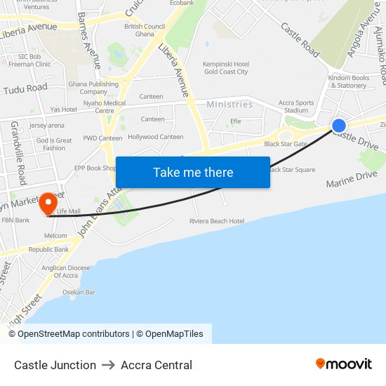 Castle Junction to Accra Central map