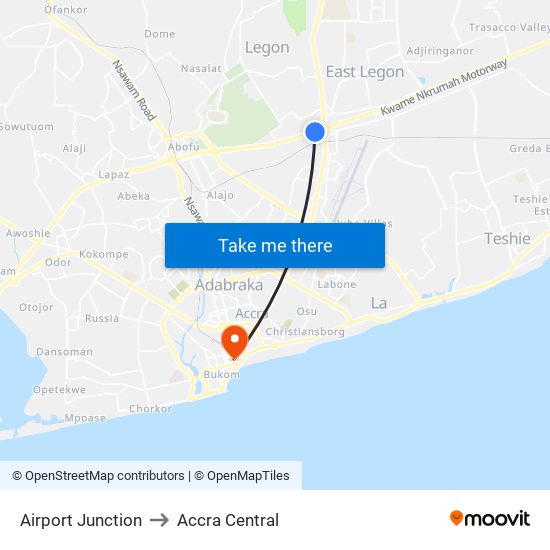 Airport Junction to Accra Central map