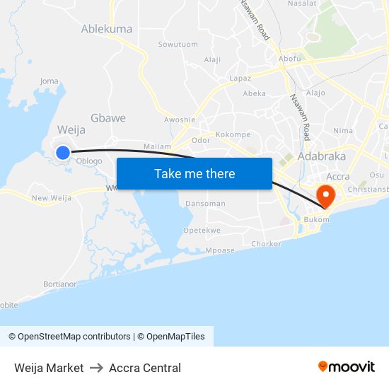 Weija Market to Accra Central map