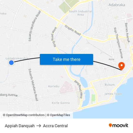 Appiah Danquah to Accra Central map