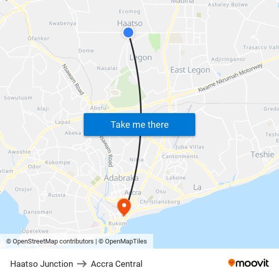 Haatso Junction to Accra Central map