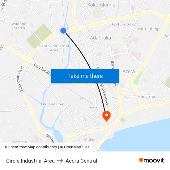 Circle Industrial Area to Accra Central map