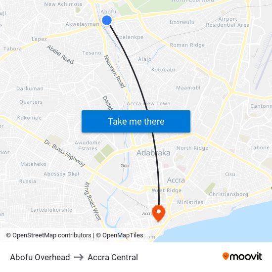 Abofu Overhead to Accra Central map