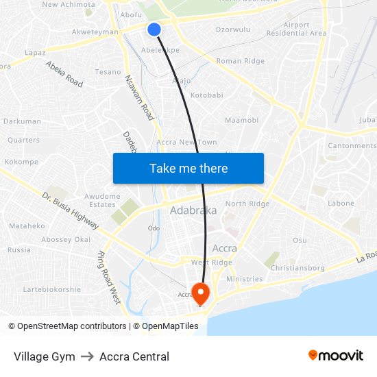 Village Gym to Accra Central map
