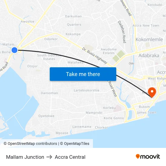 Mallam Junction to Accra Central map