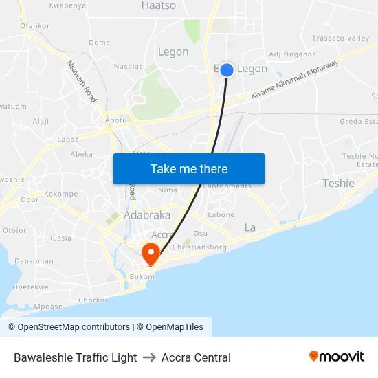 Bawaleshie Traffic Light to Accra Central map