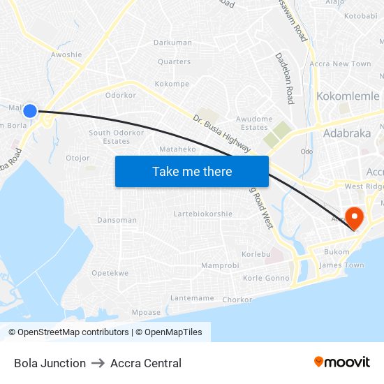 Bola Junction to Accra Central map