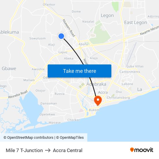 Mile 7 T-Junction to Accra Central map