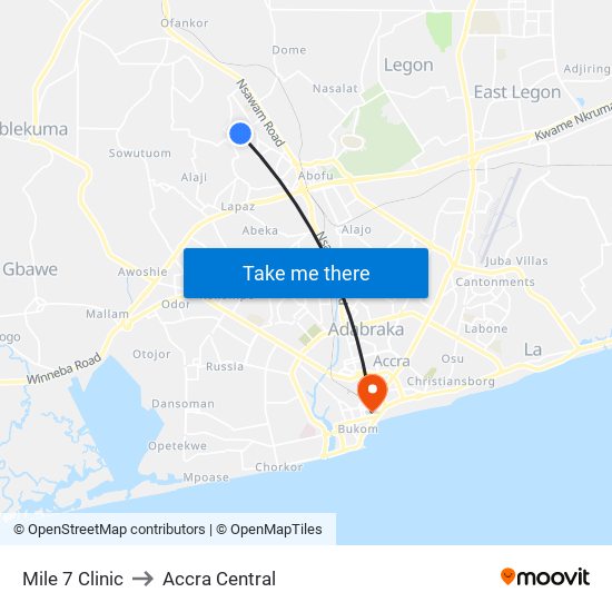 Mile 7 Clinic to Accra Central map