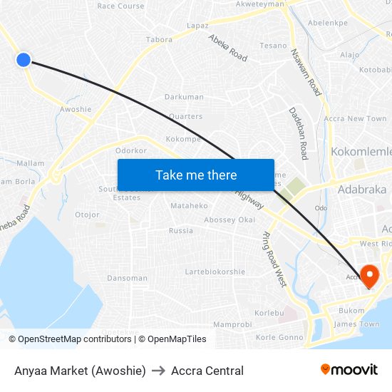 Anyaa Market (Awoshie) to Accra Central map