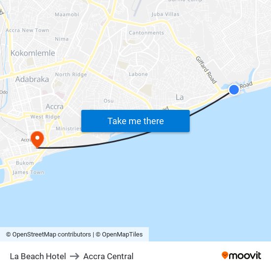 La Beach Hotel to Accra Central map