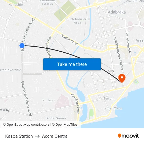 Kasoa Station to Accra Central map