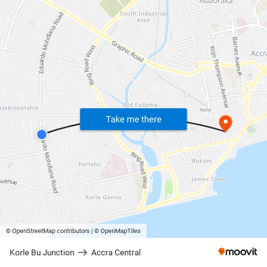 Korle Bu Junction to Accra Central map