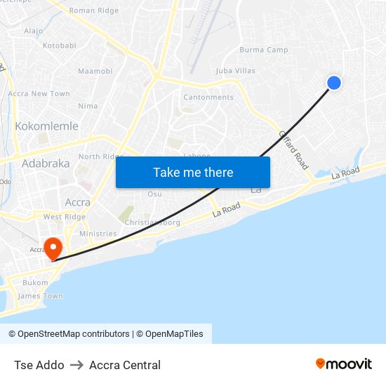Tse Addo to Accra Central map