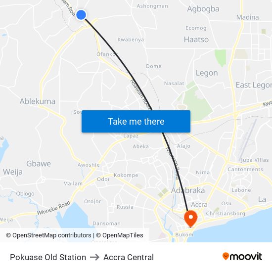 Pokuase Old Station to Accra Central map