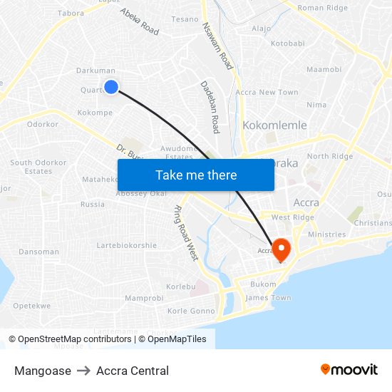 Mangoase to Accra Central map