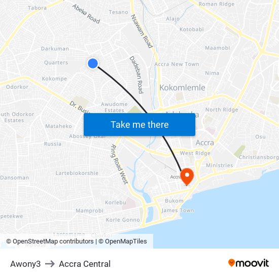Awony3 to Accra Central map