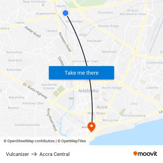 Vulcanizer to Accra Central map