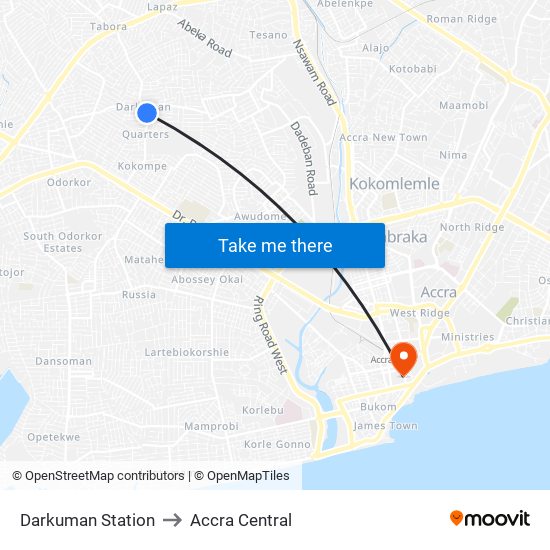 Darkuman Station to Accra Central map