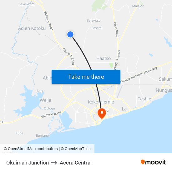 Okaiman Junction to Accra Central map