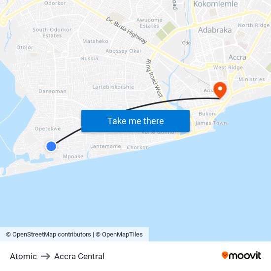 Atomic to Accra Central map