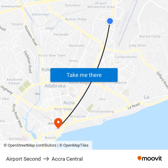 Airport Second to Accra Central map