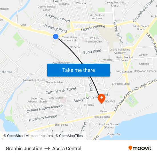 Graphic Junction to Accra Central map