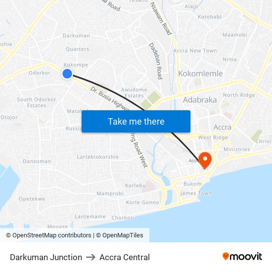 Darkuman Junction to Accra Central map