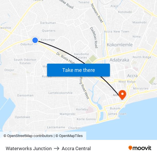 Waterworks Junction to Accra Central map