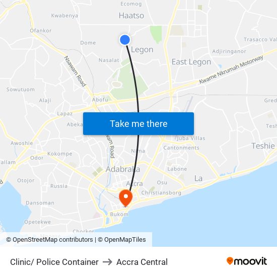 Clinic/ Police Container to Accra Central map