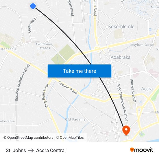 St. Johns to Accra Central map