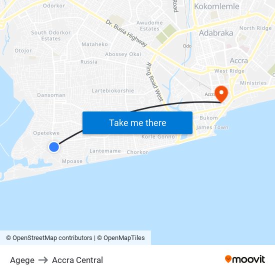 Agege to Accra Central map