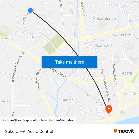 Sakora to Accra Central map