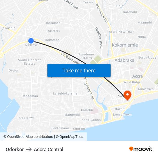 Odorkor to Accra Central map