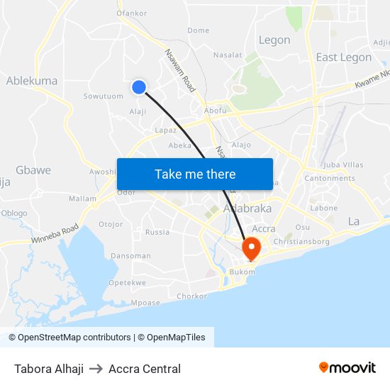 Tabora Alhaji to Accra Central map