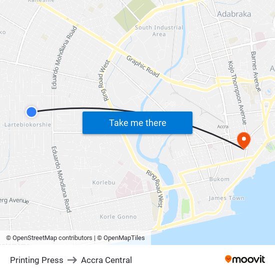 Printing Press to Accra Central map