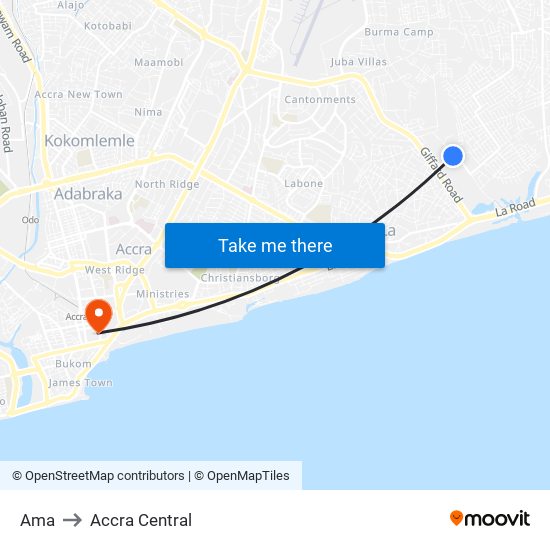 Ama to Accra Central map