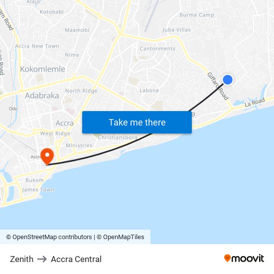 Zenith to Accra Central map