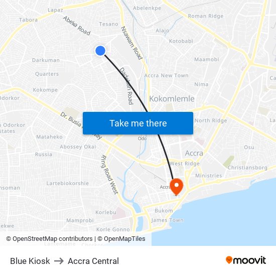 Blue Kiosk to Accra Central map