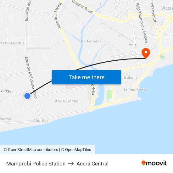 Mamprobi Police Station to Accra Central map